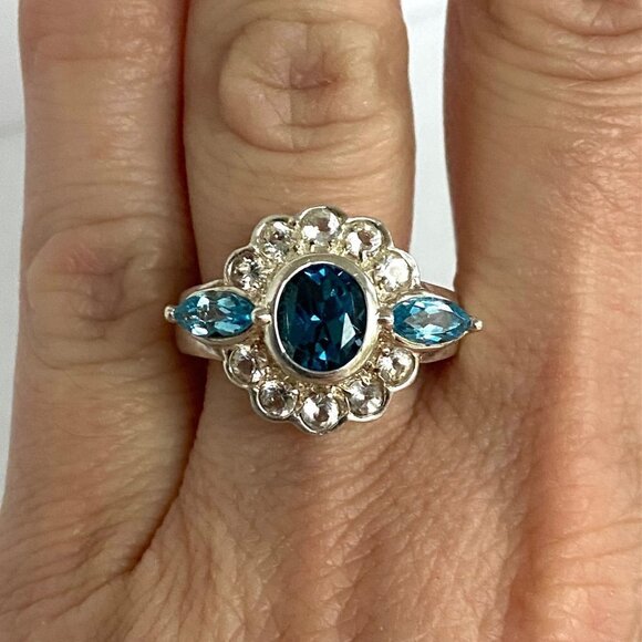 Sterling Silver 925 Blue White Topaz Multi Gemstone Stone Floral Ring Sz 6.75 - Picture 3 of 16